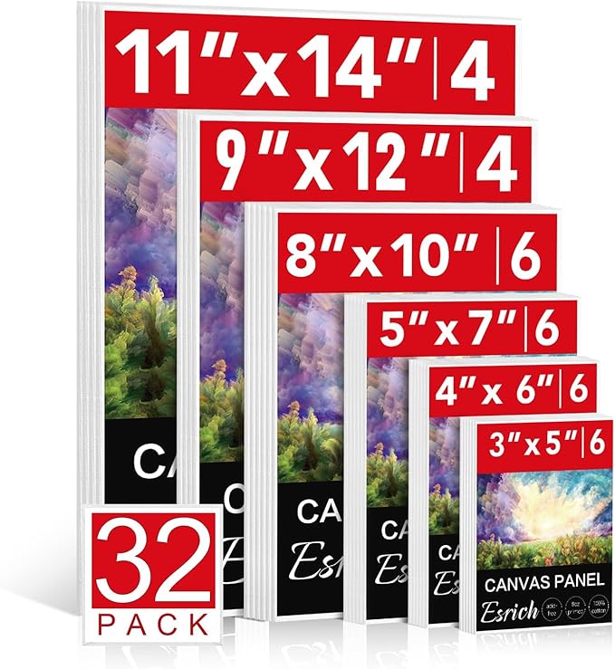 ESRICH Canvas Boards for Painting 32 Pack Art Supplies Paint Canvas 3x5, 4x6, 5x7, 8x10, 9x12, 11x14 Blank Large Canvases for Painting-Cotton Primed Canvas Panels for Acrylic, Oil, Gouache & Tempera.