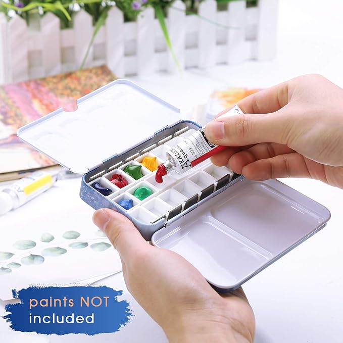 PEVART Watercolor Tin Palette, Metal Empty Paint Case with 50 PCS Empty Half Pans and a Water Color Pen Suitable for DIY Travel Watercolor Palette, Acrylic and Oil Painting