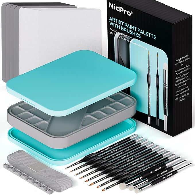 Nicpro Miniature Painting Kit with Wet Palette & 11PCS Detail Paint Brushes Drybrush, 100PCS Wet Pallet Paper, 4PCS Sponge, Brush Holder Mixing Paint Saver Palette for Miniature Model Painting