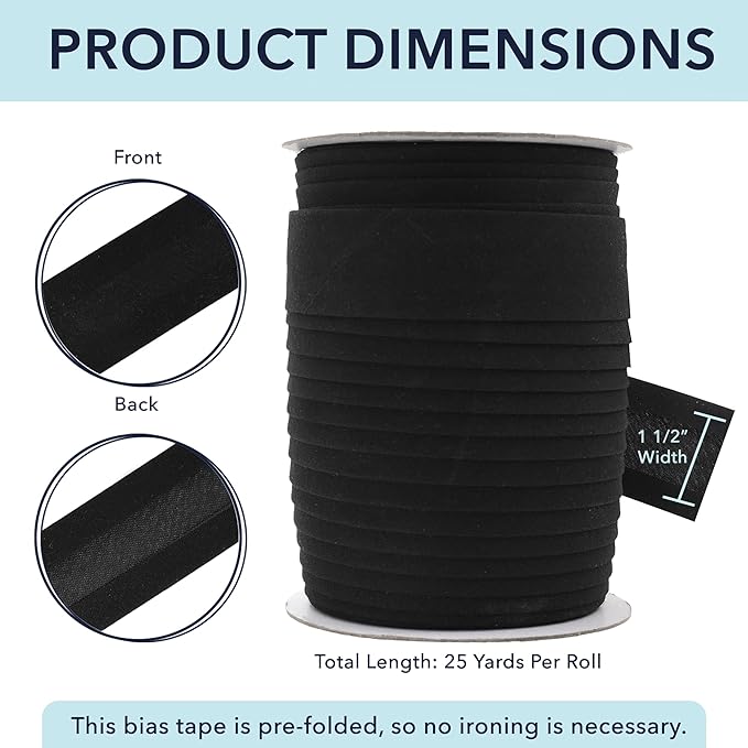 Mandala Crafts 1 1/2 Inch Single Fold Bias Tape for Sewing, Quilting, Piping, Hemming, Blanket & Quilt Binding – 50 Yards Black and White Fabric Seam Binding Tape