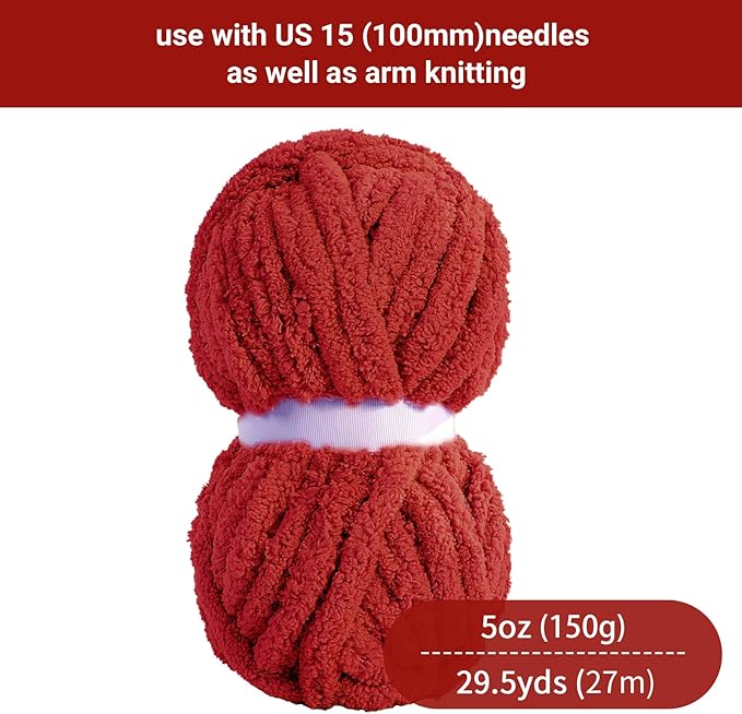 HOMBYS Red Chunky Chenille Yarn for Hand Knitting,Fluffy Soft Jumbo Yarn Crocheting,Super Bulky Big Yarn for Chunky Blanket,Large Thick Arm Knitting Yarn,8 Pack Plush Yarn