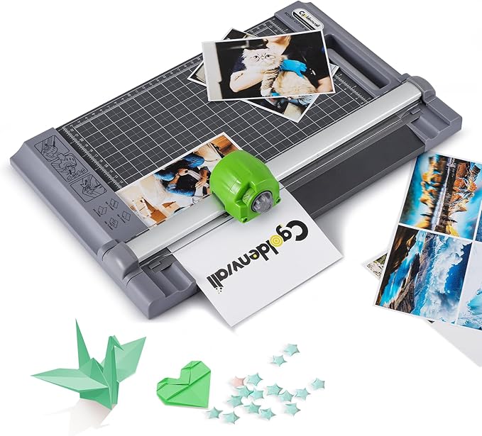 CGOLDENWALL 4-in-1 A4 Rotary Paper Cutter with 4 Blades, for Craft DIY, 12 Sheets, Straight Perforated Line, 12.6" Cutting Length, for Photos Tickets Invitations Cards