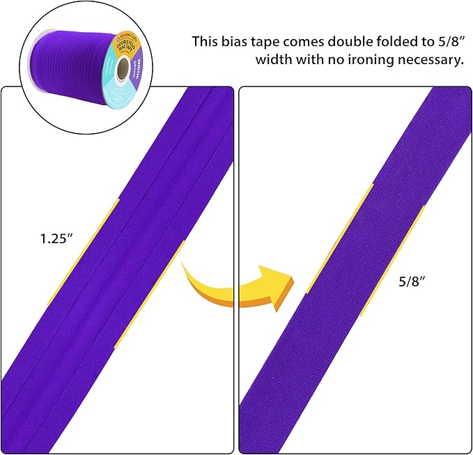 Mandala Crafts 55 Yards 5/8 Inch Purple Double Fold Bias Tape for Sewing - Bias Binding Tape for Quilting Binding, Hemming, Seam, and Fabric Piping