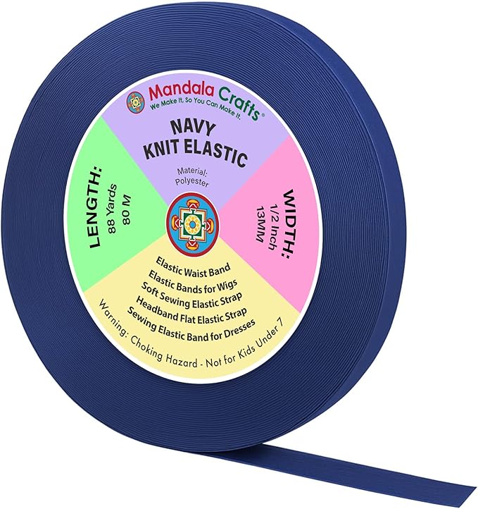Mandala Crafts Wide 1/2 Inch Navy Elastic Bands Spool for Pants Waistbands Sewing and DIY Crafts, 88 YD Stretchy Flat Fabric Strap Knit Elastic Band for Wig
