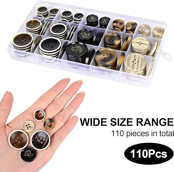 110Pcs Mixed Sewing Buttons, 4-Hole Craft Round Blazer Buttons, 5 Color 3 Size (15mm, 20mm, 25mm) Suit Coats Resin Button, Suitable for Variety Clothing Sewing, DIY Craft (Style D)