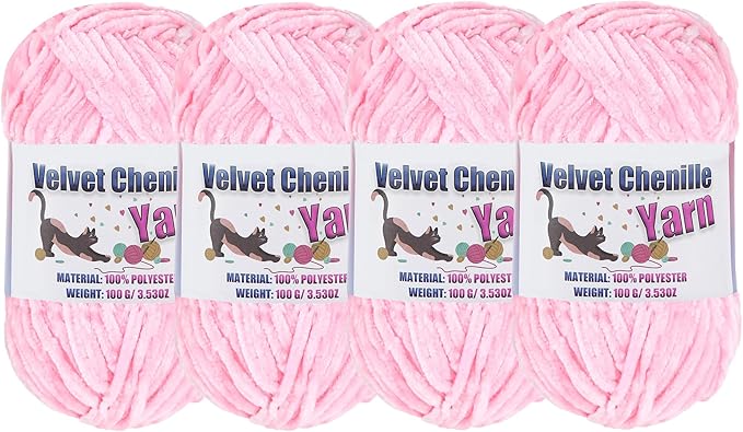 4 * 100g Fluffy Velvet Chenille Yarn for Crocheting and Knitting, Handcrafts Weaving Soft Chenille Yarn for Crocheting Clearance, Used for Making Baby Yarn Blanket, Clothes, DIY Craft (Pink)