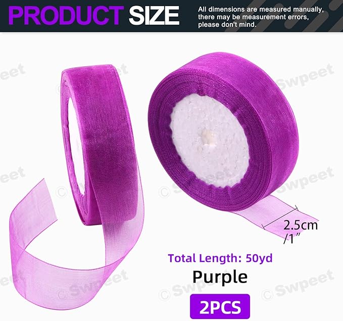 Swpeet 2 Rolls 50 Yards x 1 Inch Purple Shimmer Sheer Fabric Ribbons Organza Ribbon, Transparent Sheer Ribbon Chiffon Fabric Ribbons for Bouquets Wedding Birthday Decoration