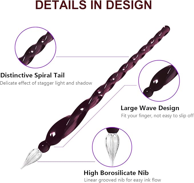 ESSSHOP Glass Pen Calligraphy Set - 3 Purple Crystal Dip Pens Color Ink and Pen Holder Art Supplies Kit for Signatures Beginners Journaling Lettering Drawing Holiday Gift Decoration