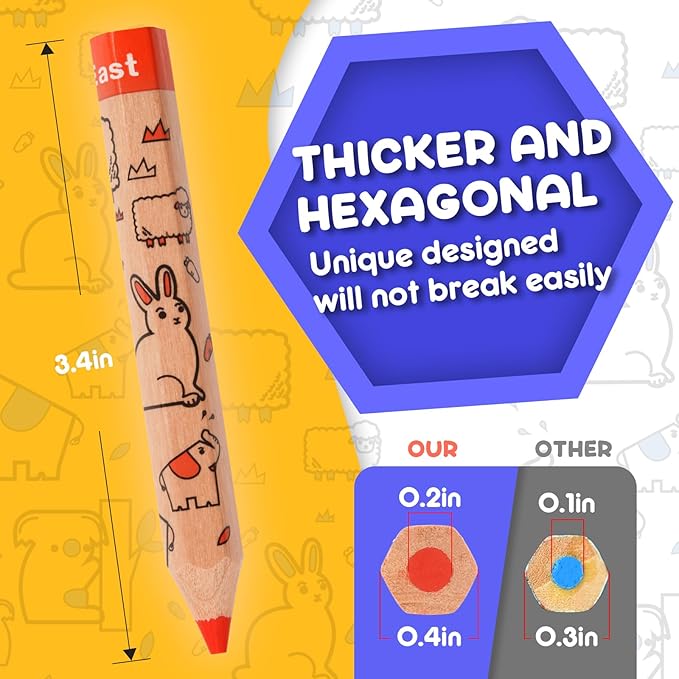 ThEast 24 Short Jumbo Colored Pencils, Cute Animal Pencils for Kids ages 3-12, Hexagonal Thick Pencils with Sharpener, Toddler Coloring Pencils Set, Pre-Sharpened(2 Sets of 12)