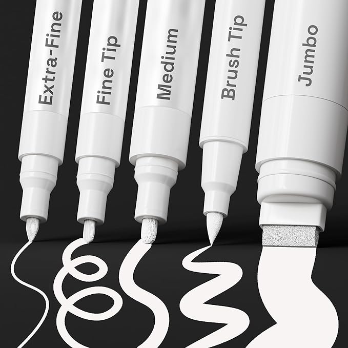 ARTISTRO 5 White Paint Pen for Glass Marking, Rock Painting, Ceramic, Wood, Tire, Fabric, Metal, Canvas - Set of 5 Acrylic Paint Markers Water-based - Different Tips