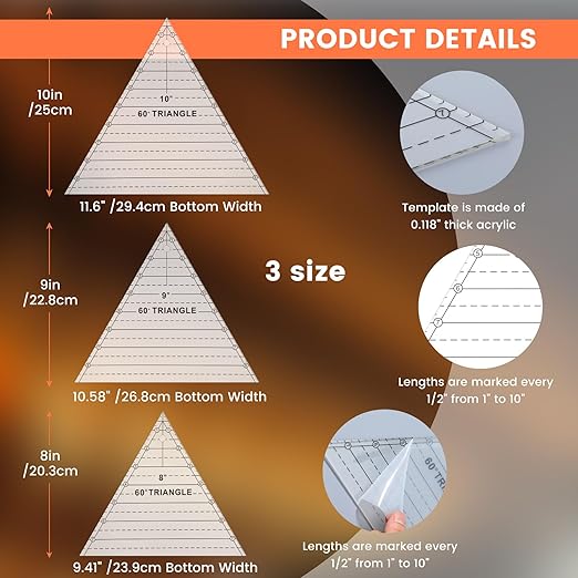3 Pcs 60 Degree Triangle Ruler for Quilting 8 9 10 Inch Acrylic Template Rulers Quilting Sewing Layer Cake Patchwork Supplies for Cutting Pattern DIY Craft(Clear)