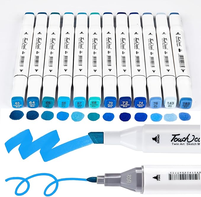 12Pcs Alcohol Markers Pure Color Series,Chisel & Fine Dual Tip Art Solid Color Markers Set for Adults Beginner Drawing Sketching Illustration (Blue)