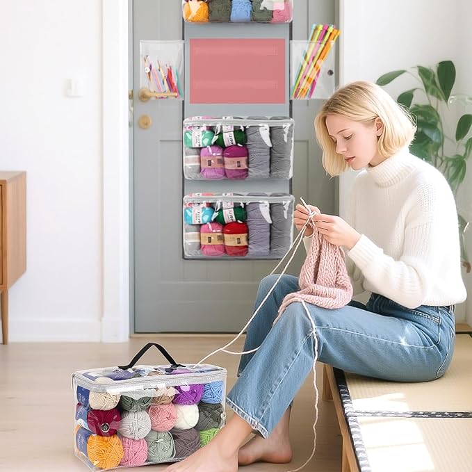 Katech Hanging Yarn Storage Organizer, Large Capacity Knitting Bag, Yarn Organizers with 6 Zipper Closure Compartments & Detachable Crochet Bag