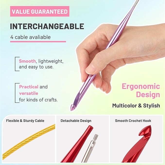 Aeelike Interchangeable Tunisian Crochet Hooks Set, 12 Sizes Colorful Tunisian Crochet Hooks Set with Cables 3.0mm - 10.0mm Smooth Ergonomic Hook for Making Blanket Scarves, Ideal Gift