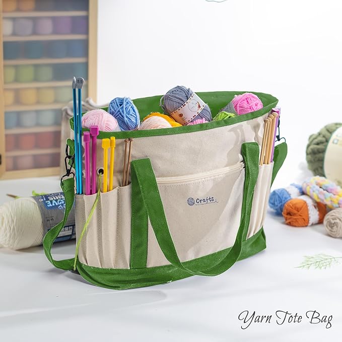 MYBAGZING Canvas Yarn Storage Organizer Bag Washable Crochet Bag with Pockets for Yarn, Hooks, Needles – Travel Knitting Tote for Crafters – Gift for Crocheters & Knitters (Medium/Large)