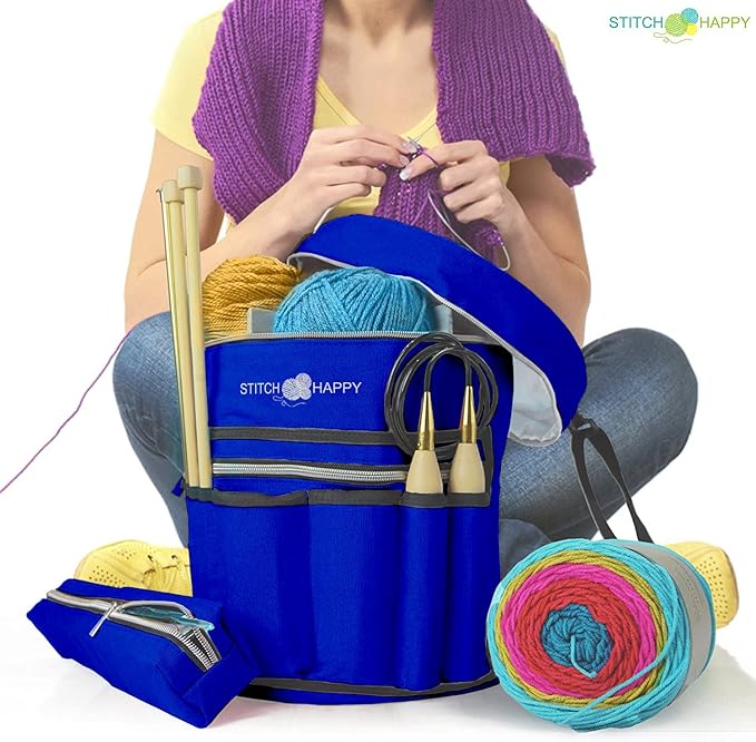 Stitch Happy Designer Knitting Starter Kit: 20 Piece Knitting Kit for Beginners & 7 Pocket Yarn Bag, Signature Yarn Storage (Cobalt)