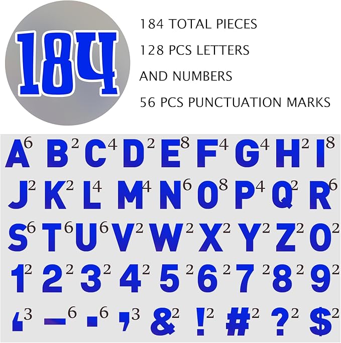184 Pcs Large Vinyl Letter Sticker 6" Big Alphabet Number and Symbol Sticker Self Adhesive Removable Letter Decal for Christmas Bulletin Board Classroom Decor Poster Window Door Mailbox(Blue)