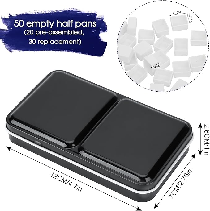 PEVART Empty Watercolor Paint Palette case,Metal Water Color Tin Box Palette with 50 Half Pans and Fold-Out Mixing Painting Tray-Portable Travel Watercolor Palette, Plain Air Painting