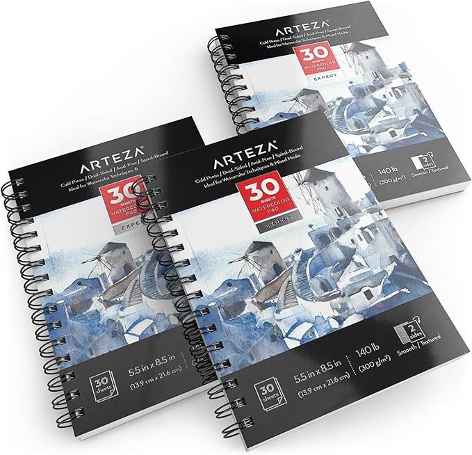 ARTEZA Watercolor Paper, Pack of 3, 30 Sheets Each, 5.5x8.5 Inches Water Pad, Spiral Bound, 140lb/300gsm Cold Press, Acid Free Art Paper