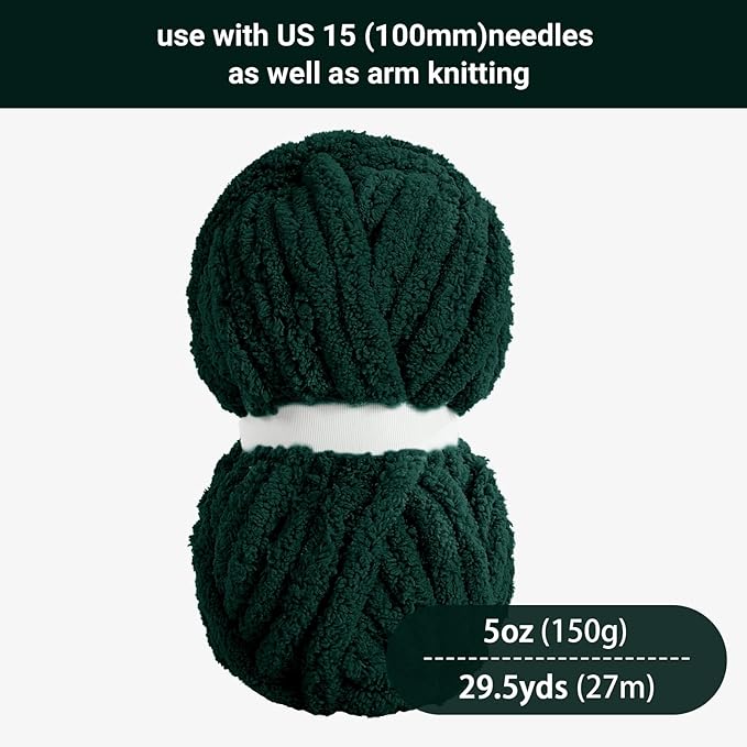 HOMBYS Dark Green Chunky Chenille Yarn for Hand Knitting,Fluffy Soft Jumbo Yarn Crocheting,Super Bulky Big Yarn for Chunky Blanket,Large Thick Arm Knitting Yarn,8 Pack Plush Yarn