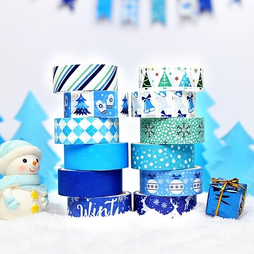 Winter Washi Tape Set,12 Rolls Blue White Holiday Decorative Tape Snowflake Xmas Tree Bell Reindeer Masking Tape for Journaling Supplies,Journal,Scrapbooking,DIY Arts & Crafts, Gift Wrapping