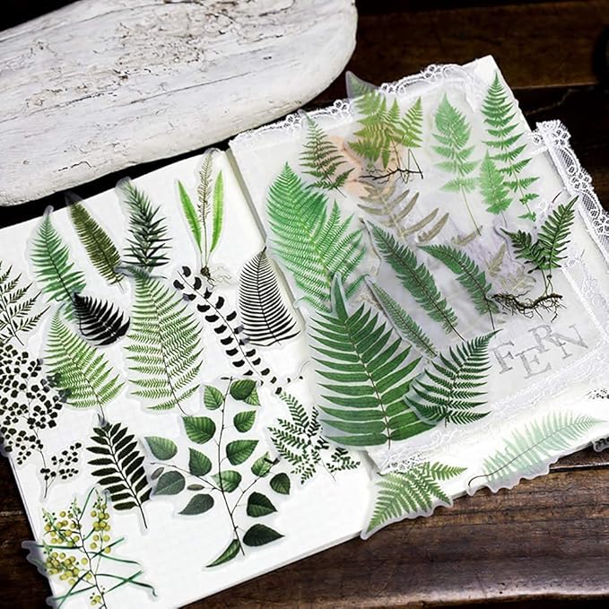Doraking 65PCS Plants Scrapbook Stickers, DIY Decoration Transparent Sulfuric Paper Green Plants for Scrapbook, No-Repeat