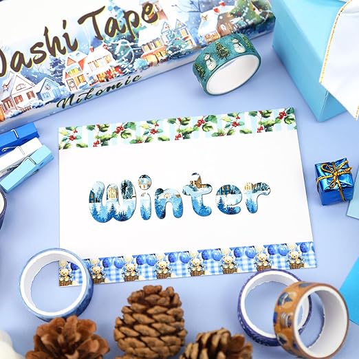 12 Rolls Winter Washi Tape Set, Blue Decorative Tape Snowflake ICY Christmas Themed Masking Tape for Journaling Supplies, Junk Journal, Scrapbooking, DIY Arts & Crafts, Gift Wrapping