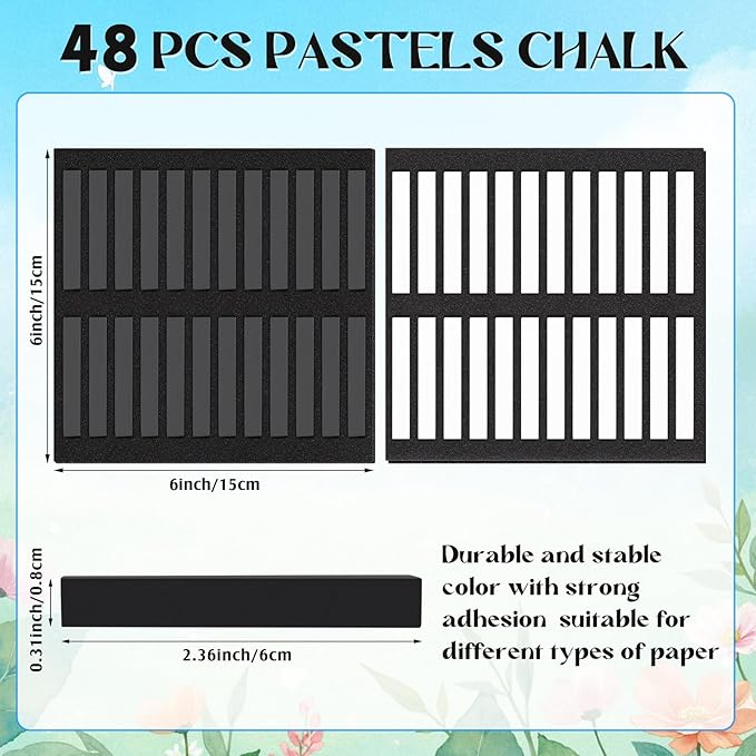 48 Pcs Soft Chalk Pastels Set Soft Pastel for Artists Square Sketch Chalk Non-toxic Artist Pastel Sticks for Professional Artists Students and Art Lovers (Black, White,60×8×8mm)