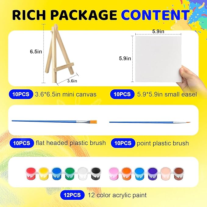10 Set Mini Acrylic Paint Set, Mini Canvas Painting Kit, Small Canvas with Easel, Acrylic Paints,Brush, Minis Easel with Canvases for Kids Adults Classroom Birthday Painting Party (5.9 x 5.9Inch)