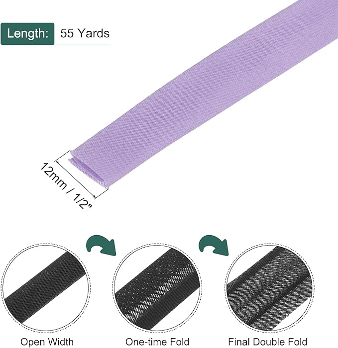 MECCANIXITY 1/2 Inch Double Fold Bias Tape Polyester Continuous Bulk Bias Tape for Sewing,Seaming Quilting Hemming Binding Crafts (Light Purple 55 Yards)
