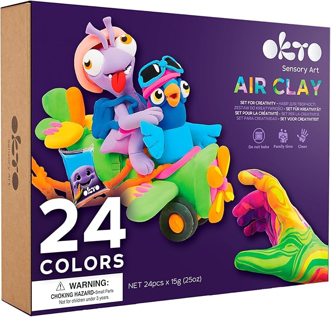 Okto Air Dry Clay for Kids – 24 Colors Foam Clay Set – Non-Sticky, Dries in ~24 Hours – Sculpting Tools, Fun Glasses, Storage Bags & Photo Guide – Sensory Craft Kit