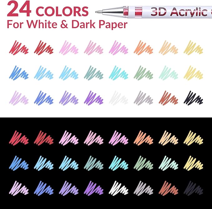 3D Acrylic Gel Pen,24 Colors Gel Pens With 1mm Bullet Tip Point, Acrylic Paint Pens for Black Paper,Rock Painting, Glass, Wood, Fabric,Cards,Scrapbook,DIY Art Crafts