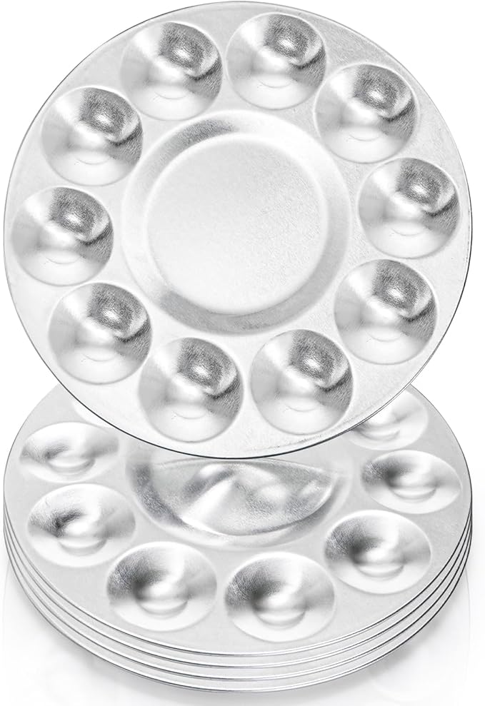 10 Pack Paint Tray Palettes, 6.7" Metal Paint Mixing Pallets, 10-Well Painting Palette, Washable Round Paint Holder Tray for DIY Craft Professional Watercolor Oil Art Painting Project, Silver
