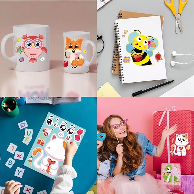 32 Sheets Valentine Stickers for Kids, Valentine' s Day Make a Face Stickers, Make Your Own Valentine Stickers 8 Designs of Animal Little Angel Sticker, Valentines Crafts Love Heart Sticker