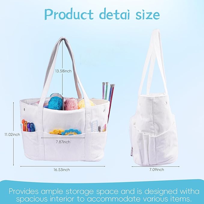 Crochet Bag Organizer, Large Capacity Yarn Storage Bag, Corduroy Knitting Crochet Tote Bag, Crochet Storage Bag for Crochet Hooks, Crochet Accessories, Knitting Needles Holder, White