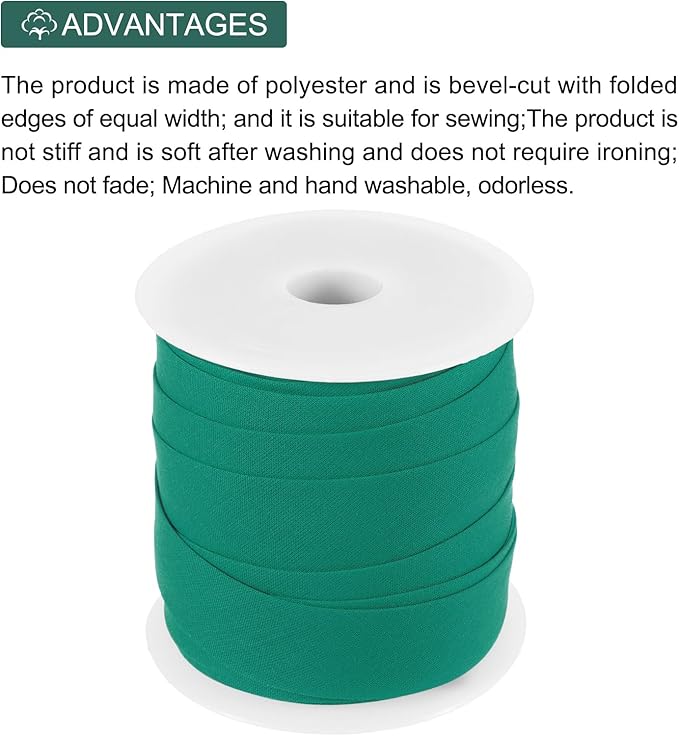 MECCANIXITY 3/4 Inch Single Fold Bias Tape Cotton Continuous Bulk Bias Tape for Sewing, Seaming Quilting Hemming Binding Crafts (Dark Green 25 Yards)