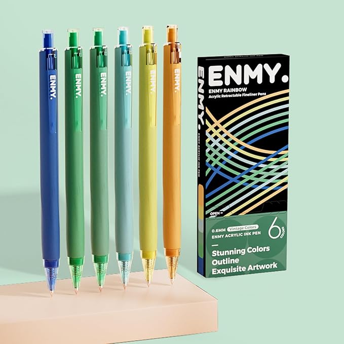 ENMY Acrylic Fineliner Pen, 6Pcs Aesthetic Colors 0.6mm Fine Point Retractable Markers, Colorful Drawing Pen for Journaling, Outlining, Sketch, Note-Taking, Smooth Art Pens for Adults & Kids
