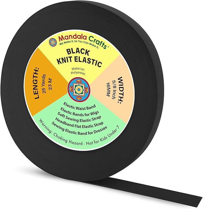 Mandala Crafts Wide 5/8 Inch Black Elastic Bands Spool for Pants Waistbands Sewing and DIY Crafts, 25 YD Stretchy Flat Fabric Strap Knit Elastic Band for Wig