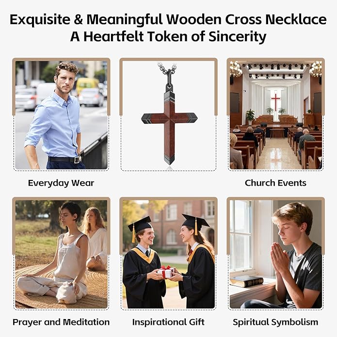Wooden Cross Necklace for Men and Women 304L Stainless Steel Durable Snag-Free Box Chain with Reinforced Clasp Christian Jewelry Gift for Dad/Son/Husband/Loves/Friends