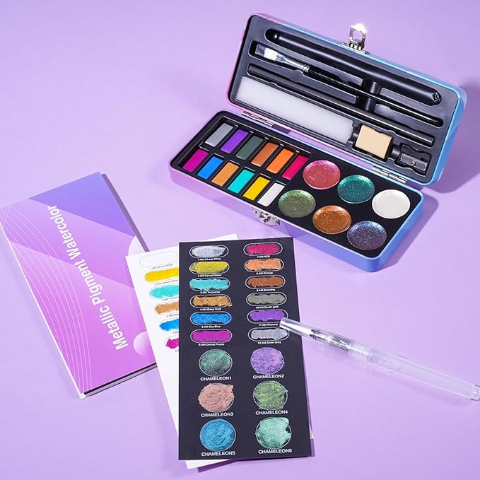 Watercolor Paint Set,18 Colors Glitter Watercolor Paint(12 Metallic Colors and 6 Chameleon Colors),Portable Travel Watercolor Set with Water Brush Pen,Pencil,Eraser,Watercolor Paper,for Adult Beginner
