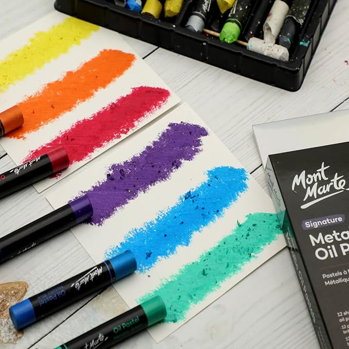 Mont Marte Metallic Oil Pastels Signature 12pc, Assorted Metallic Colors, Vibrant and Buttery, Versatile Art Pastels for Blending, Layering & Shading, Ideal for Art, Craft, Coloring and Sketching