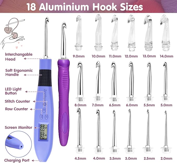 Crochet Hook with 18 Different Size for Stitch & Row Counter Light Up Interchangeable Crochet Needle Ergonomic Crochet Hooks with 2 Levels Light up Crochet Hook Set