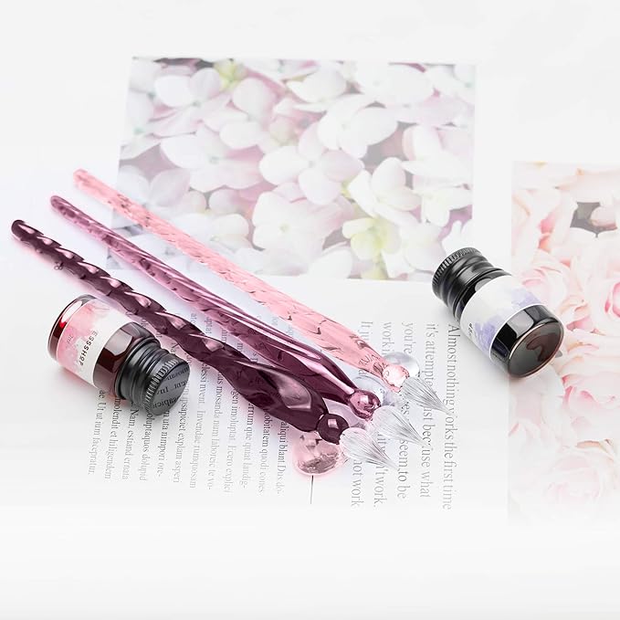 ESSSHOP Glass Pen Calligraphy Set - 3 Purple Crystal Dip Pens Color Ink and Pen Holder Art Supplies Kit for Signatures Beginners Journaling Lettering Drawing Holiday Gift Decoration