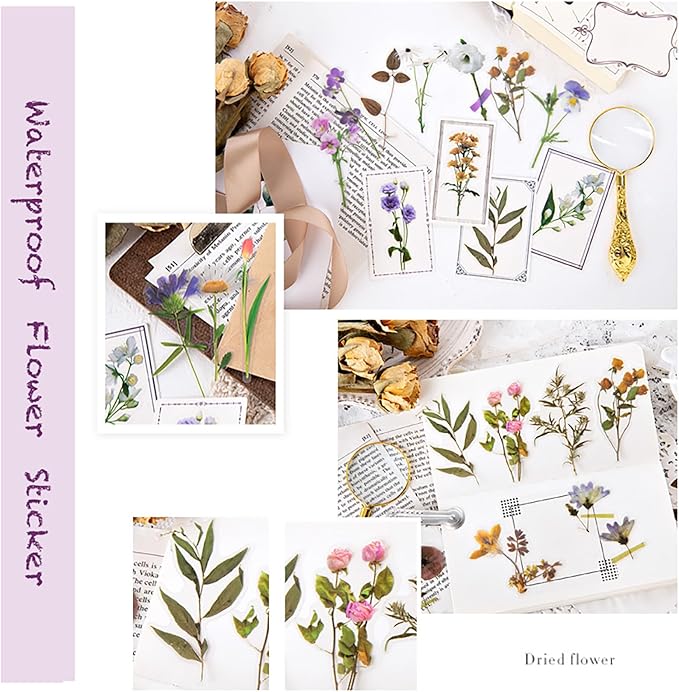 Maxleaf 80 Pieces Natural Vintage Flower Stickers, Self-Adhesive Transparent Flower Decals for Scrapbooking Supplies, Waterproof Nature Floral Clear Stickers for Adult Card Making Letters DIY