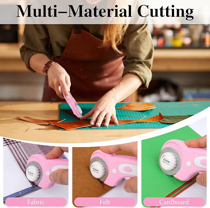45mm Rotary Cutter for Fabric, Fabric Cutters with 5pcs Extra Rotary Blades, Roller Cutter Set for Sewing, Quilting, Leather & Craft Projects (Pink)