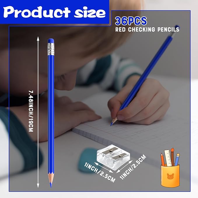 36 PCS Blue Checking Pencils Erasable Colored Pencils with Eraser Pre-Sharpened 2 HB for Checking, Grading, Tests & Office/School Supplies (Blue)