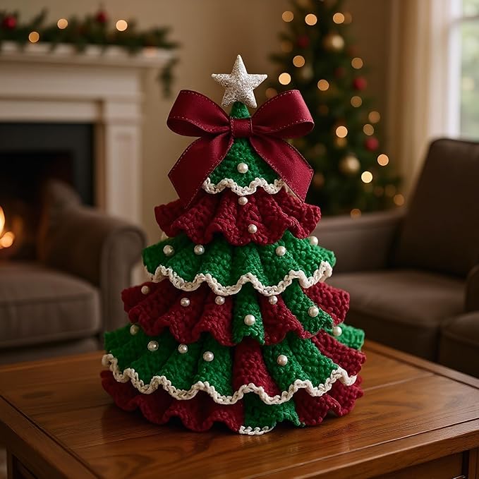 DIY Crochet Christmas Tree Kit – Handmade Holiday Decoration Set,Parent-child activities craft kit,Tree Bow Pearl Embellishment,Cross-stitch by hand,Festive decorations (Multicolour) (Red & White)