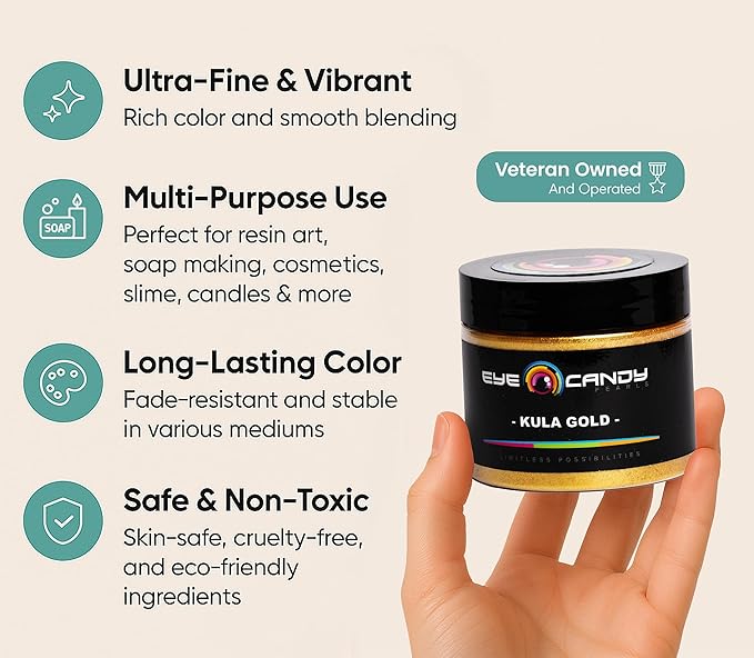 Eye Candy Pigments Premium Gold Mica Powder - Kula Gold (50gr) - for Epoxy, Resin, Soap, Paint, Woodworking, Acrylic Pouring, Bath Bombs, Fishing Lures - DIY Arts and Crafts Additive