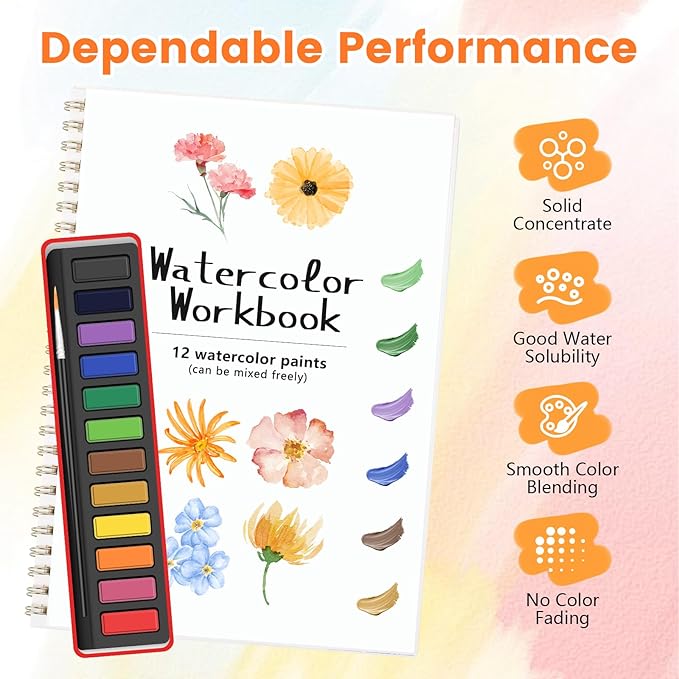 TLM Beautiful Watercolor Workbook for Beginners - Beginner-Friendly Water Coloring Workbooks with 12 Colors Water Coloring Paint Set with Brush(Yellow Flowers)