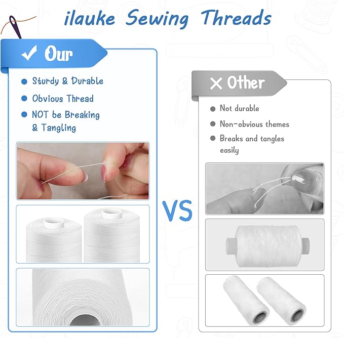 ilauke Sewing Thread - 1000 Yard White Polyester Thread for Hand Quilting and Sewing Machine